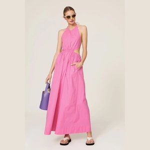 Staud Apfel Maxi Dress Pink Side Cutouts Cotton Halter Back Tie